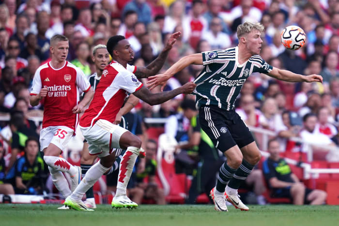 Rasmus Hojlund pictured (right) battling for the ball with Arsenal defender Gabriel during Manchester United's 3-1 defeat at the Emirates Stadium in September 2023